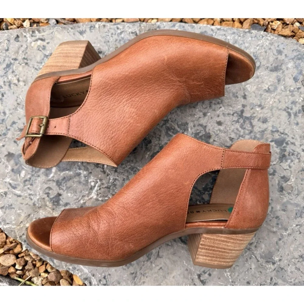 Lucky Brand Barimo Open Toe Booties Women Size 8 M Brown Leather Block Heels